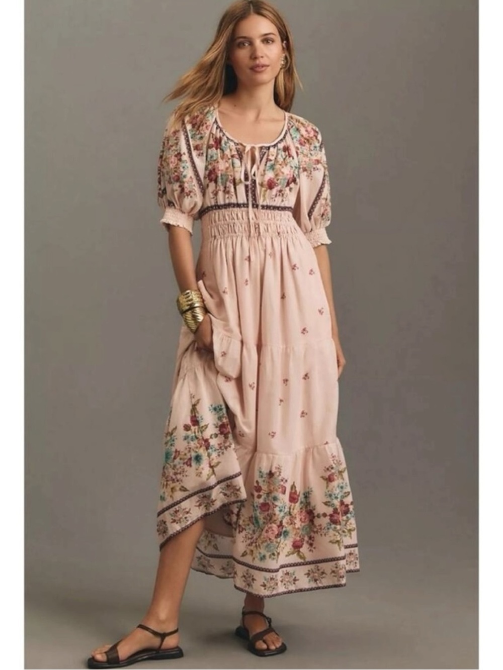 Anthropologie The Somerset Puff Sleeve Maxi Dress Cream Floral Cottage Small - Picture 3 of 13